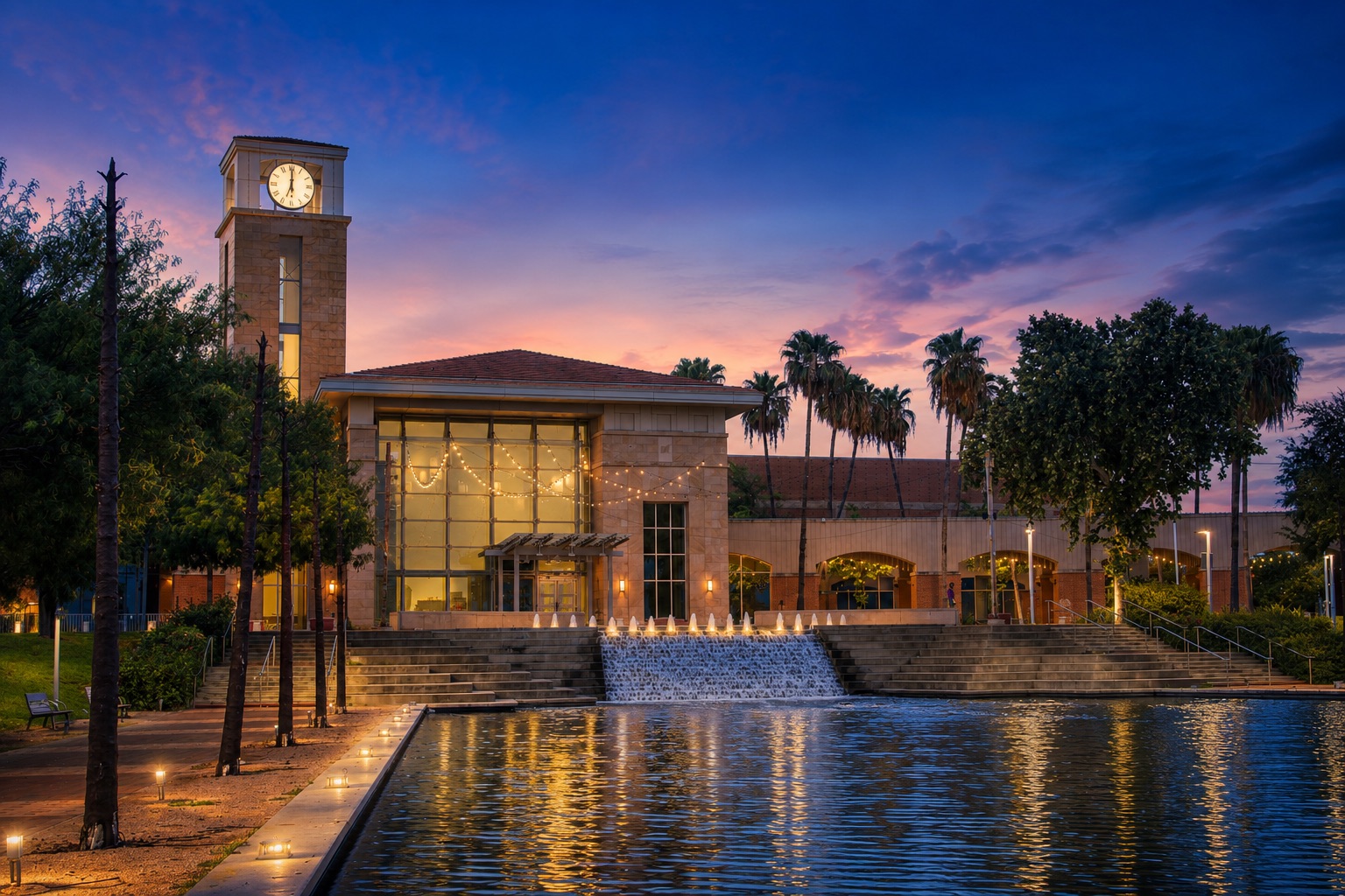 Harlingen clock tower and reflecting pool at sunset