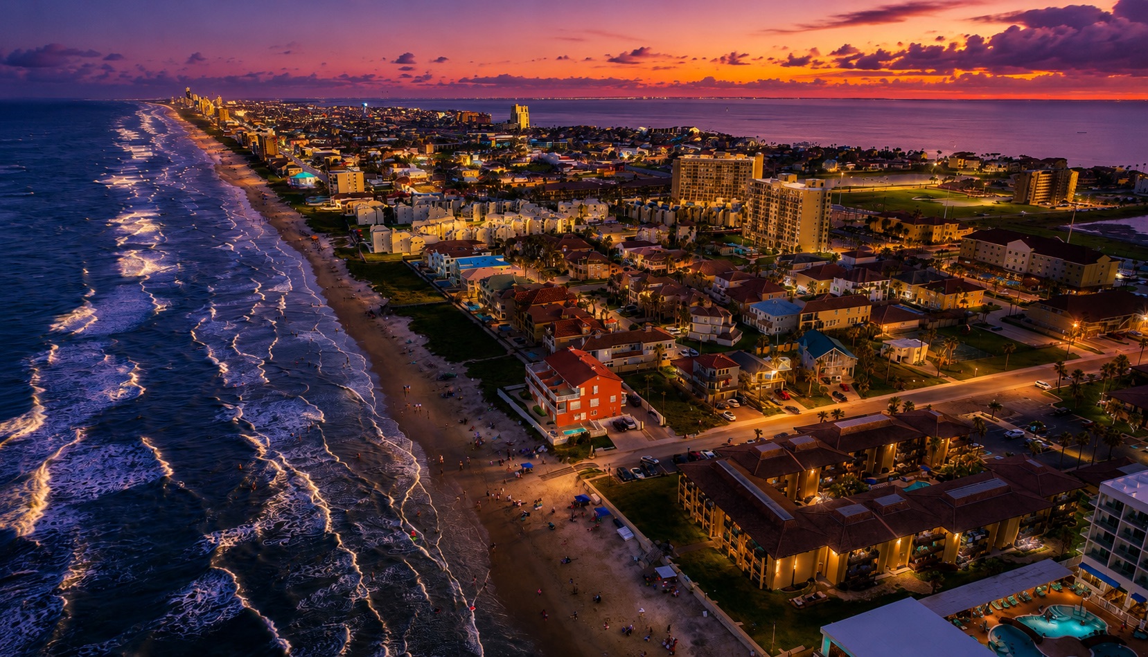 South Padre Island coastline at sunset
