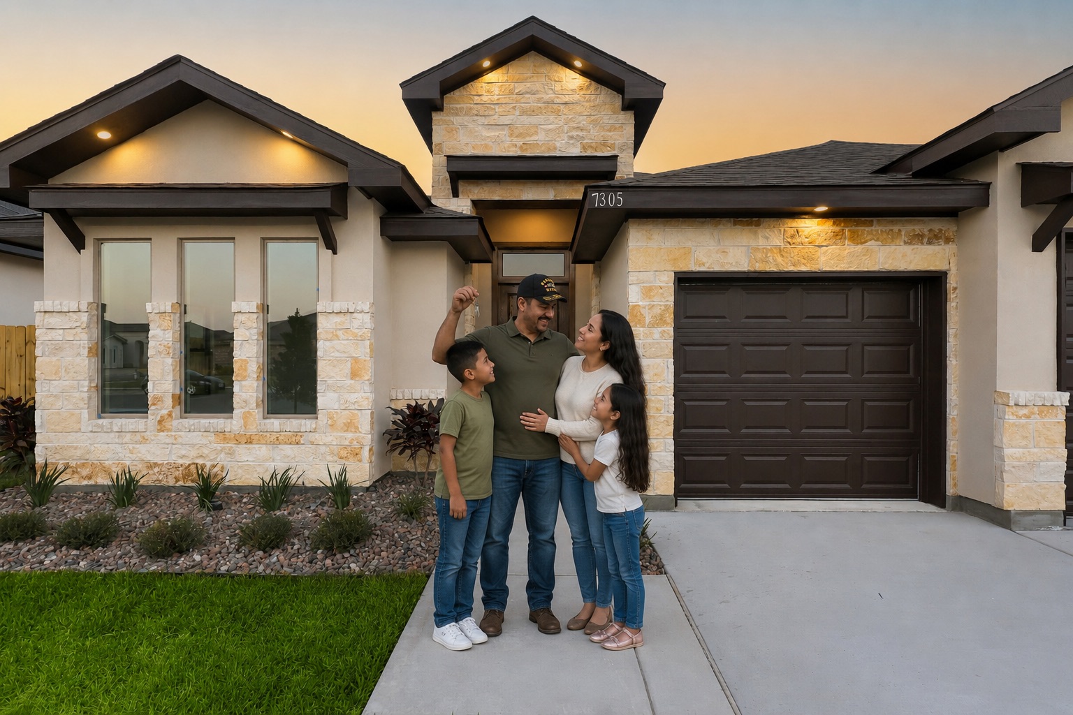 Family receiving keys to their new U R HOME TEXAS home at sunset